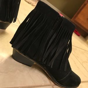 black fringe booties